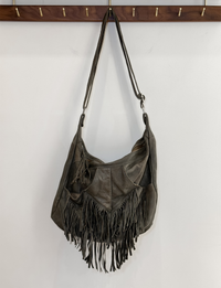 Leather Fringe Hobo Bag, Olive