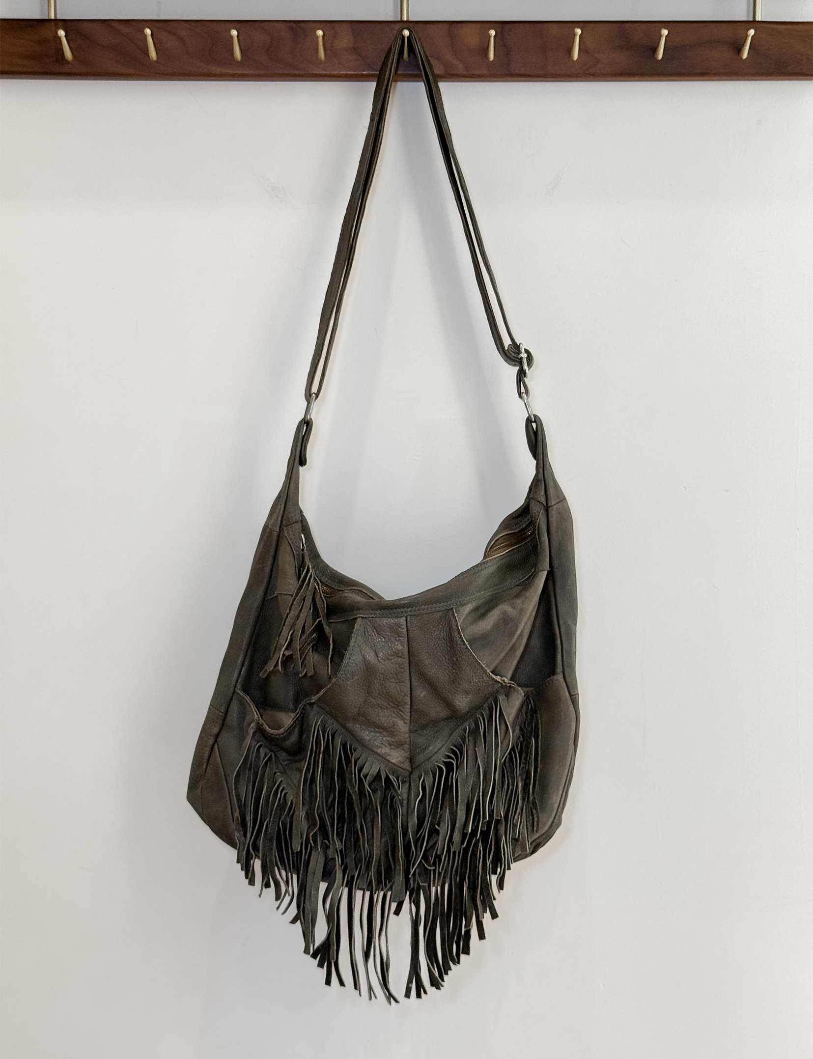 Leather Fringe Hobo Bag, Olive