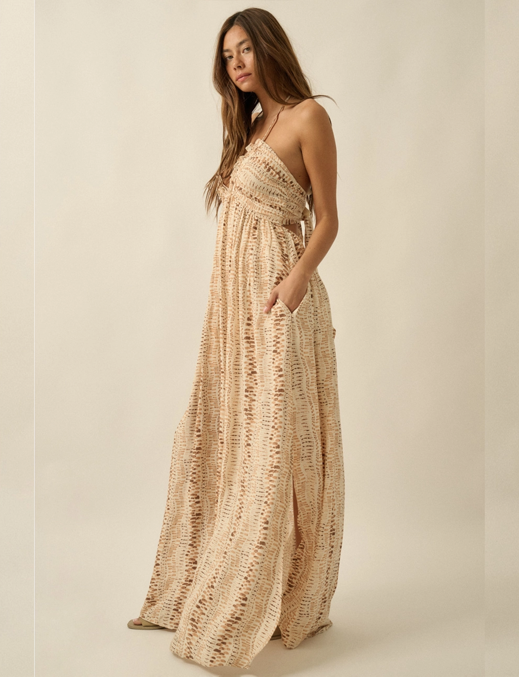 Abstract Halter Maxi Dress, Taupe