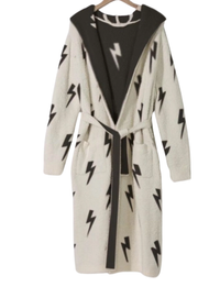 Hooded Lightening Bolt Luxe Robe, Black/Cream