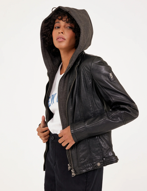Yoa Hooded Leather Jacket, Black