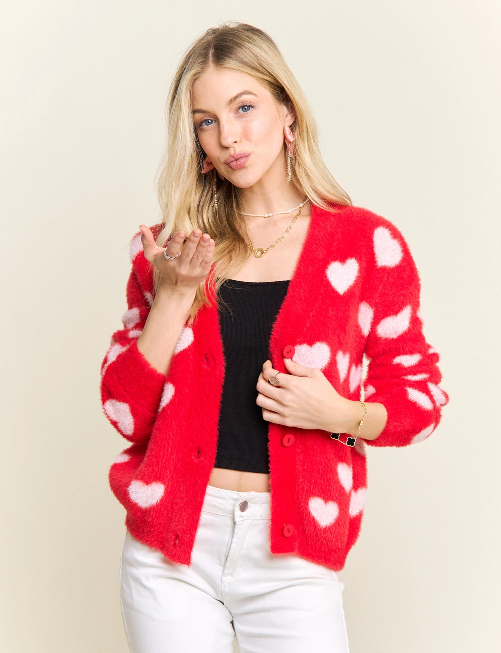 Lovely Heart Cardigan, Red/Ivory