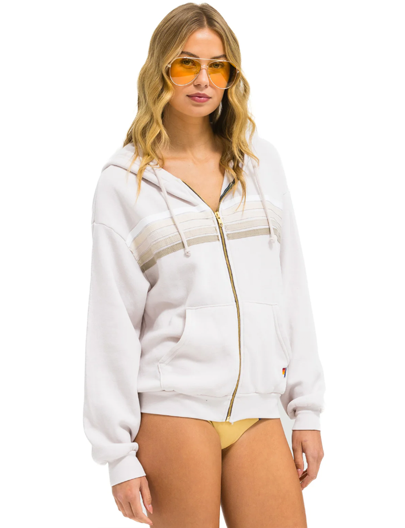 5 Stripe Relaxed Zip Hoodie, Dove Grey/White