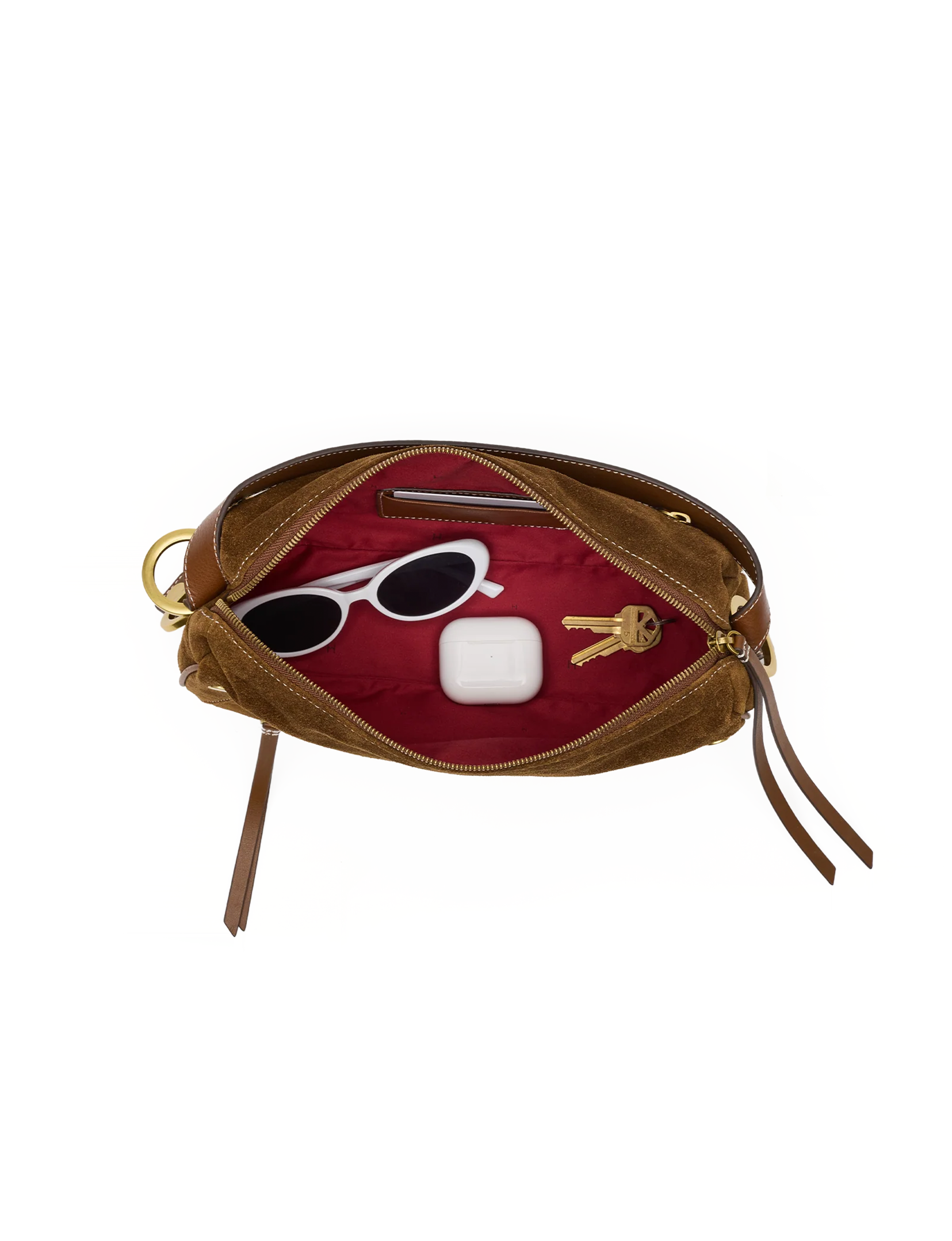 Doxie Medium Handbag, Cinnamon Suede/Antique Gold