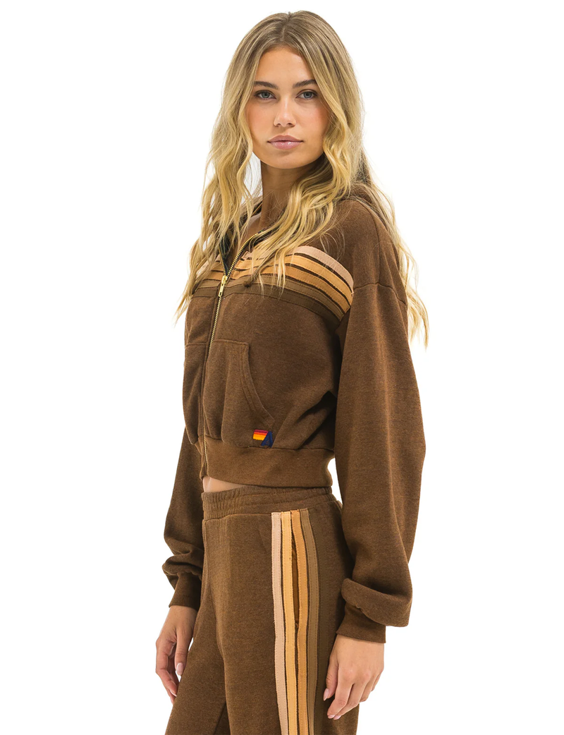 5 Stripe Cropped Relaxed Zip Hoodie, Chocolate/Espresso