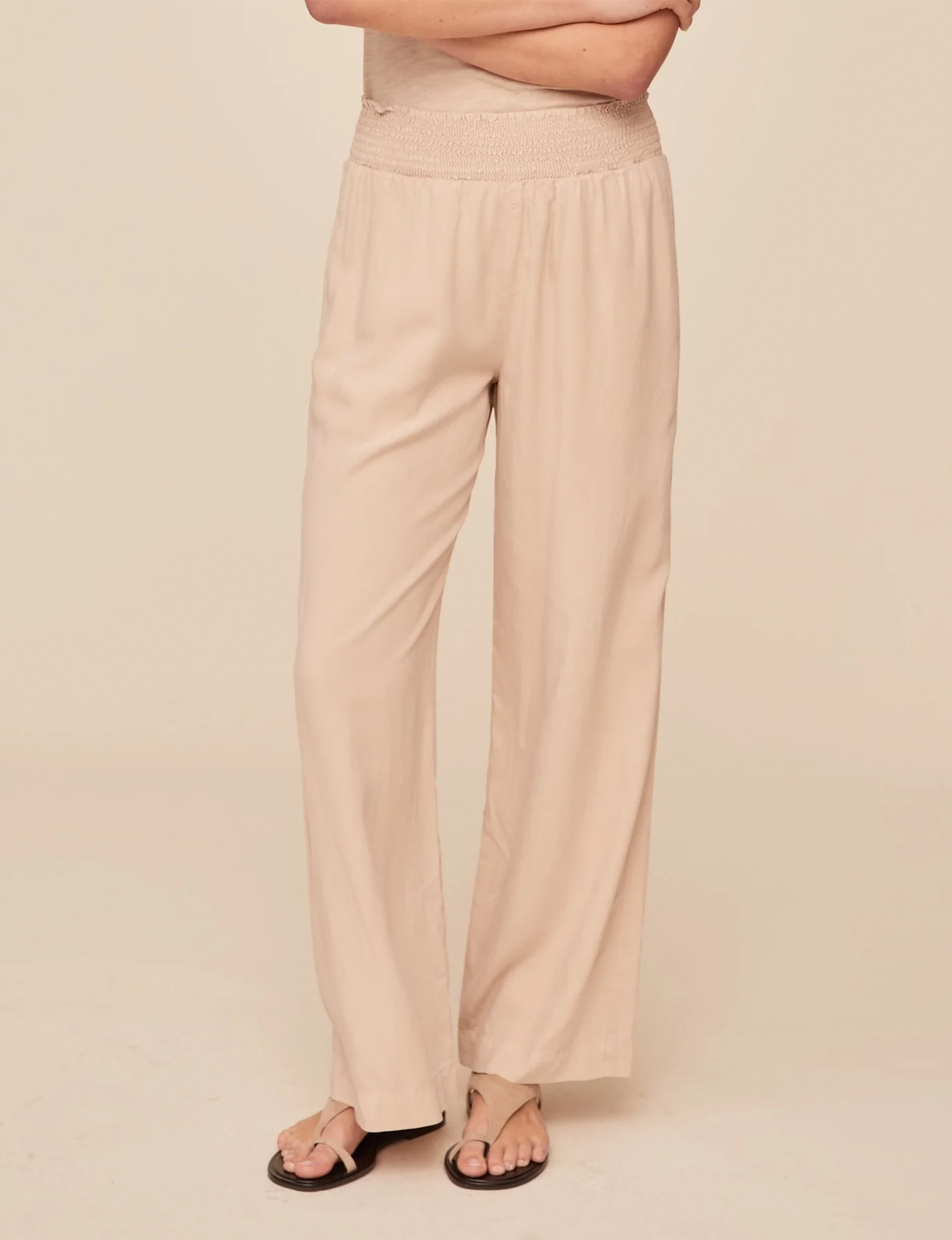 Smocked Pocket Wide Leg Pant, Linen Sand