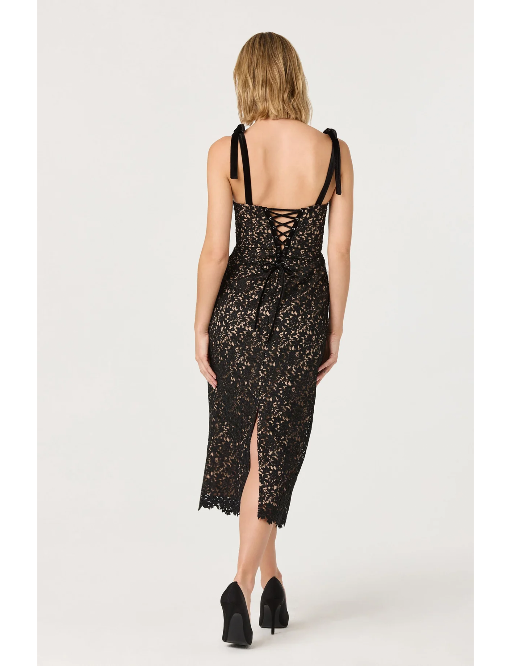 Donne Floral Lace Midi Dress, Black Nude