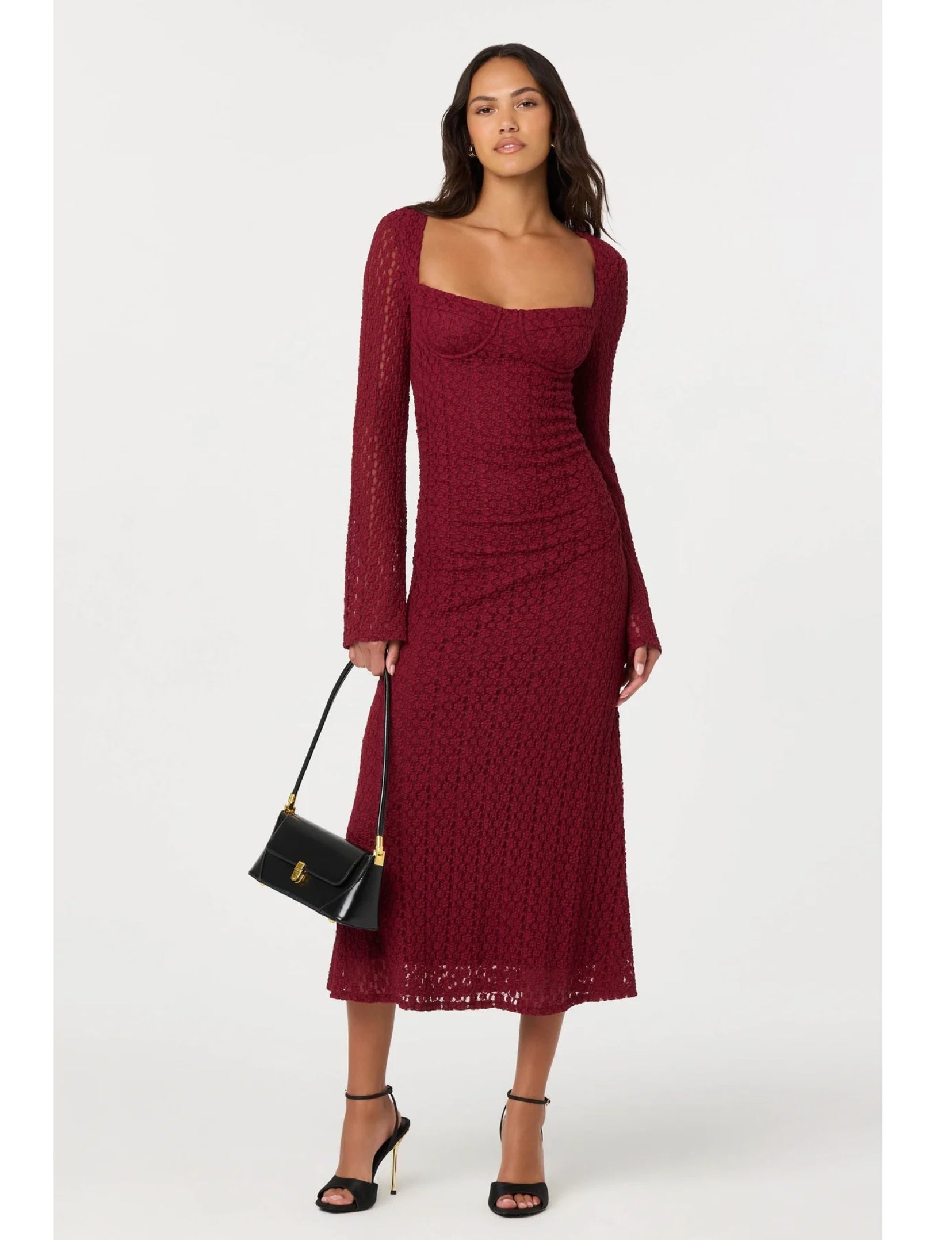 Tamia Lace Bustier Midi Dress, Wine