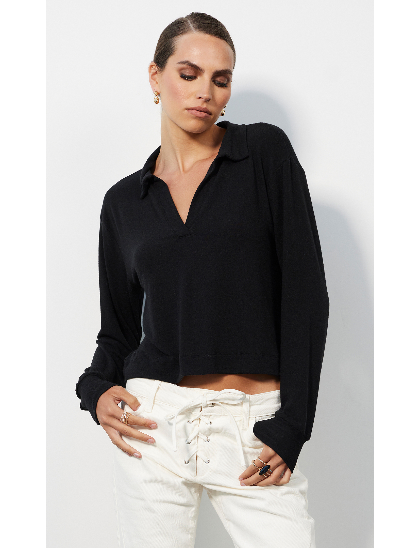 L/S Cropped Polo, Black