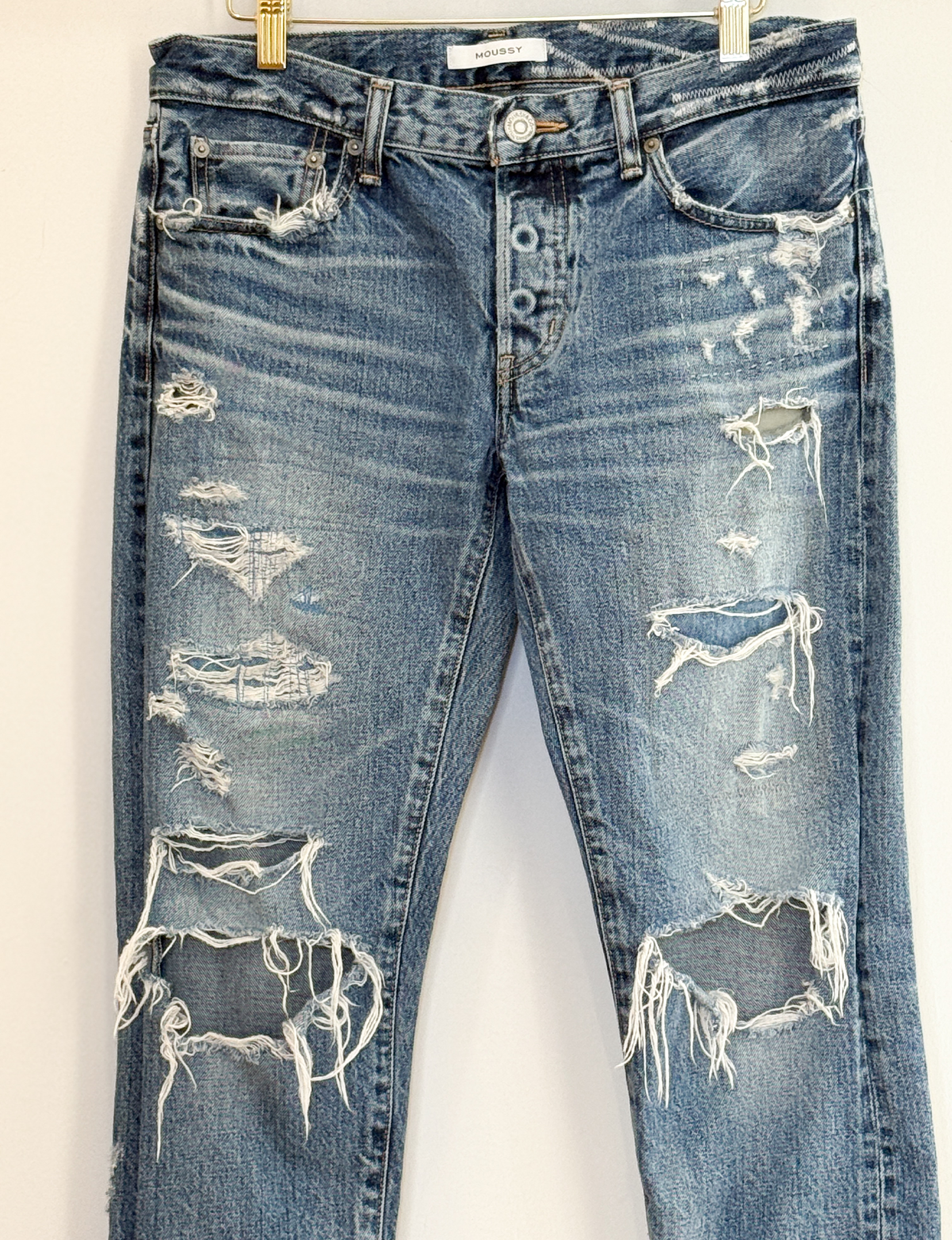 Moussy Tapered Distressed Skinny Jean, Medium Wash