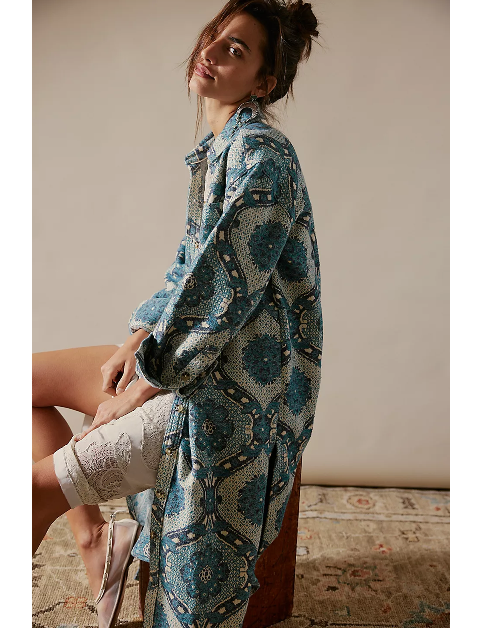 Brick Lane Jacquard Maxi Shirt Jacket, Blue/Combo