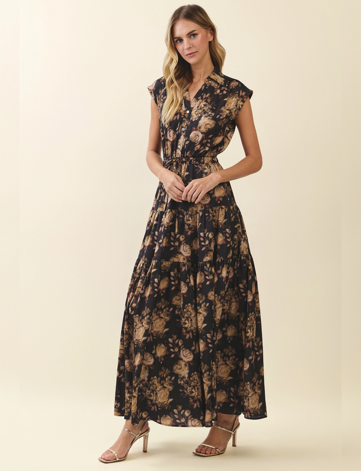 Floral Tiered Maxi Dress, Black/Multi