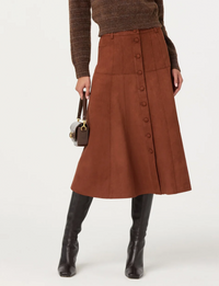 Zoya Faux Suede Midi Skirt, Brown