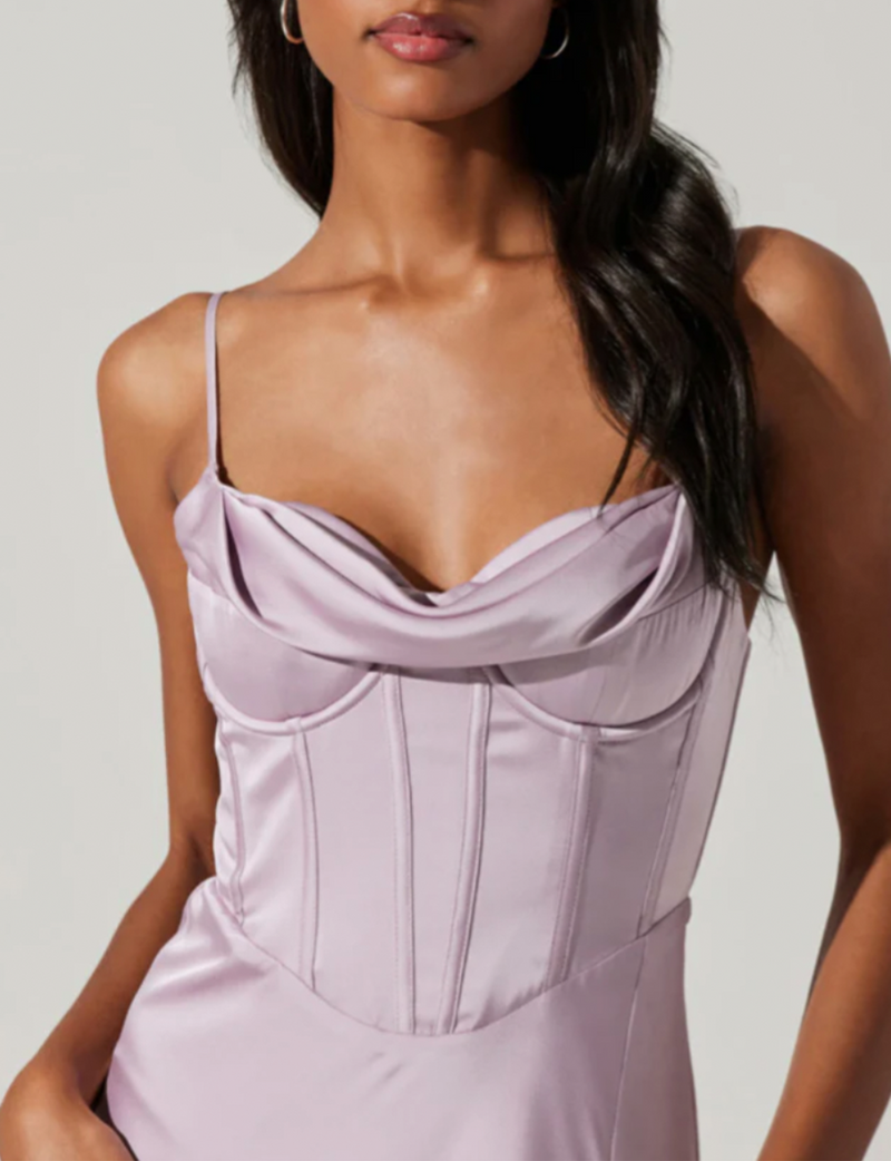 Cannes Satin Bustier Maxi Dress, Silver Lilac