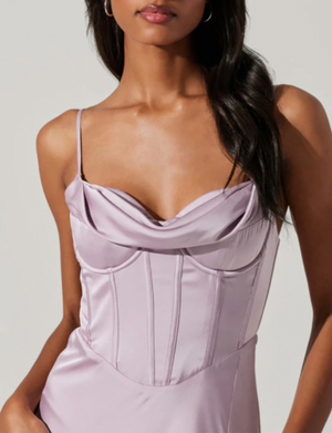 Cannes Satin Bustier Maxi Dress, Silver Lilac