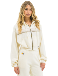 5 Stripe Cropped Relaxed Zip Hoodie, Vintage White/White Grey