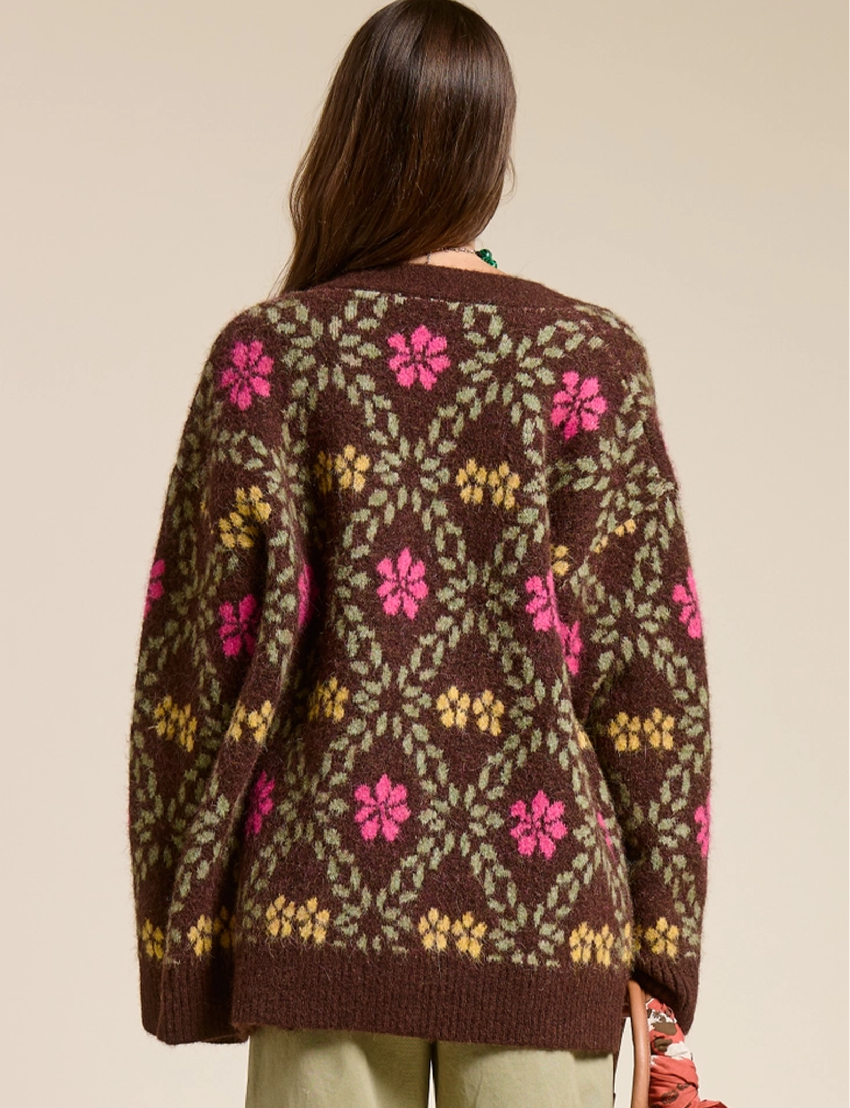 Retro Fuzzy Cardigan, Brown/Floral