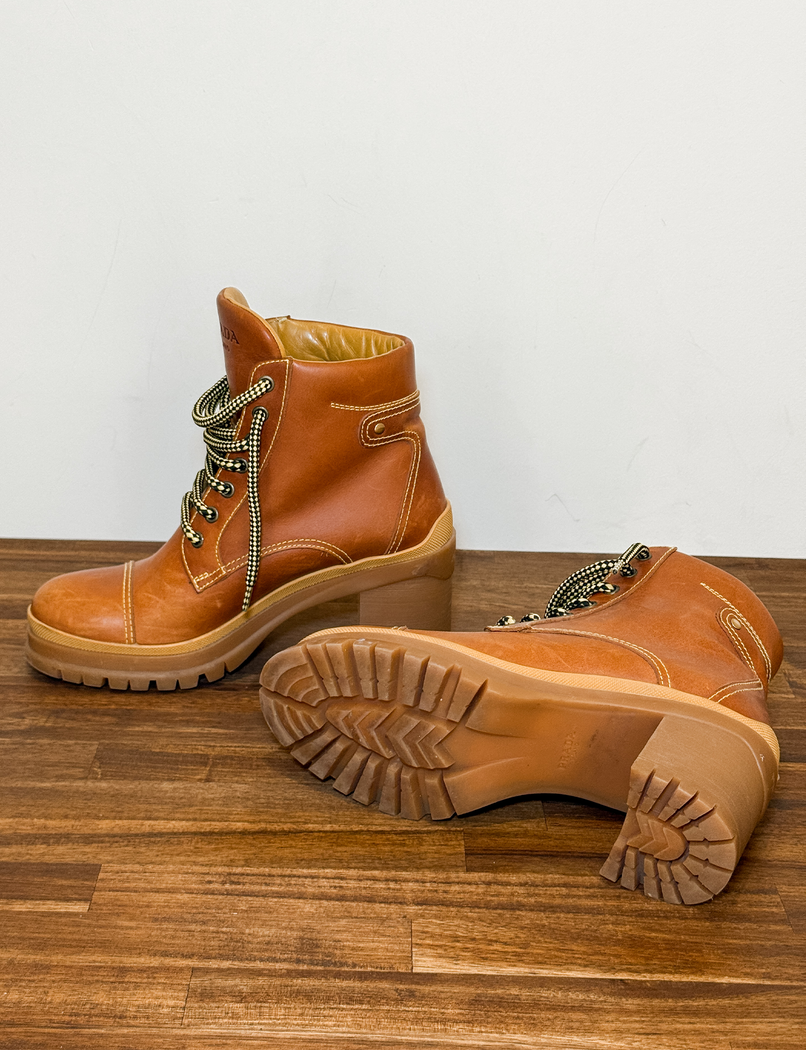 Prada Leather Lace Up Bootie, Brown