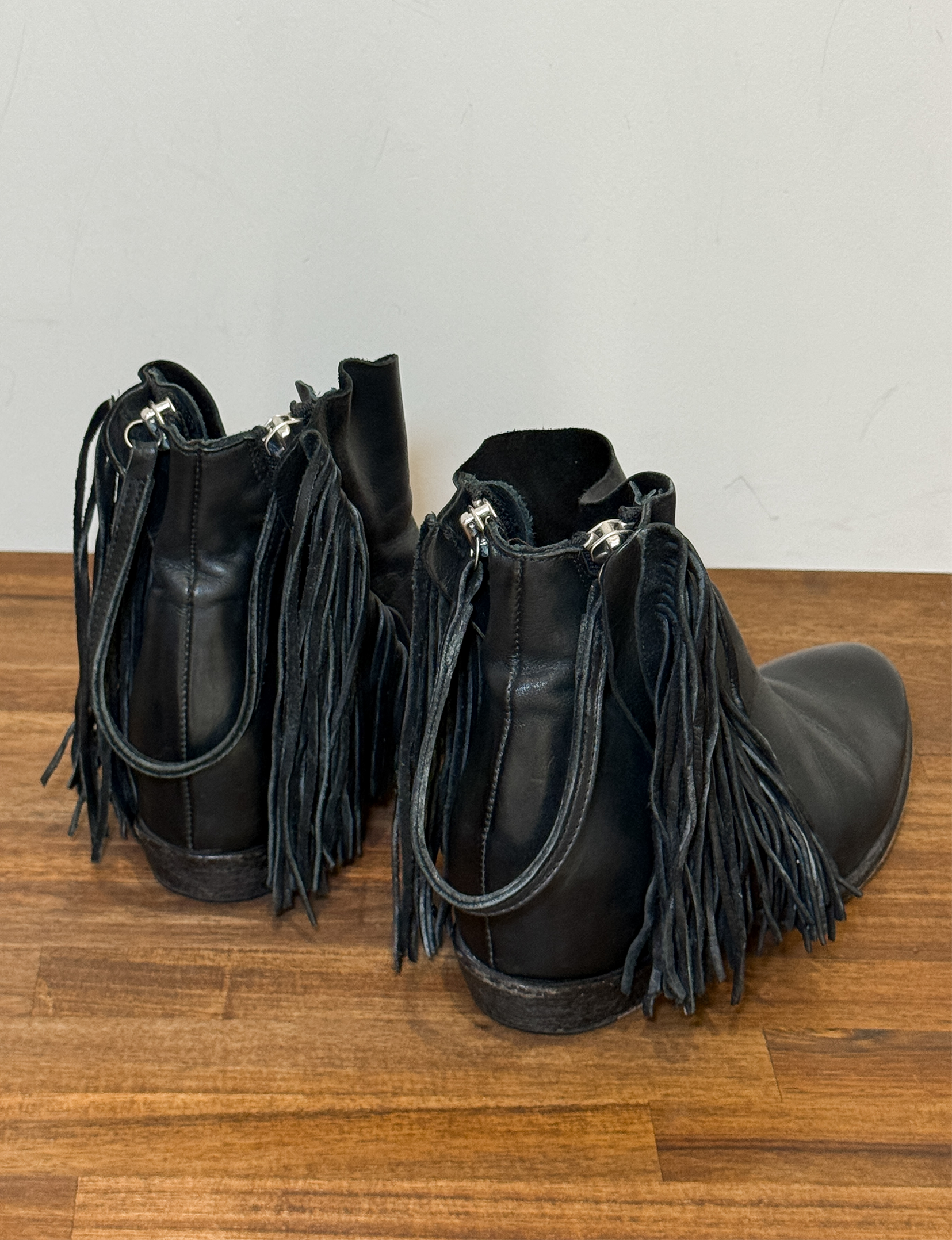 Leather Fringe Ankle Booties, Black