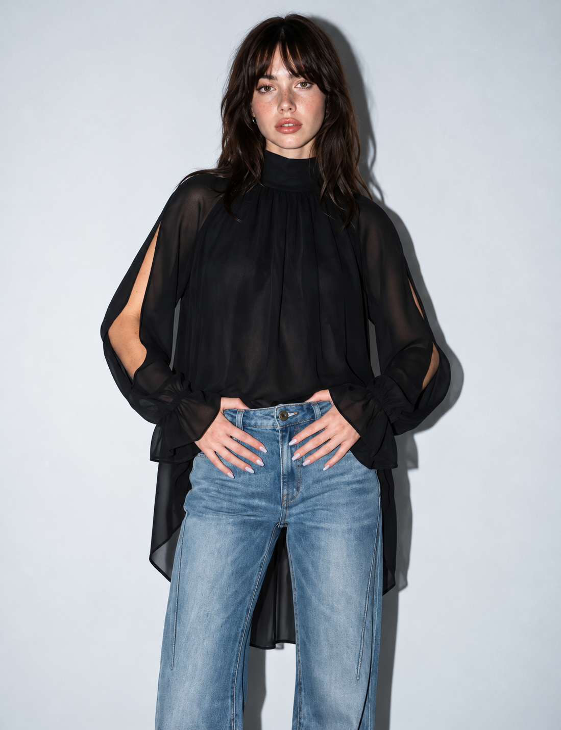 Chiffon Cold-Shoulder Top, Black