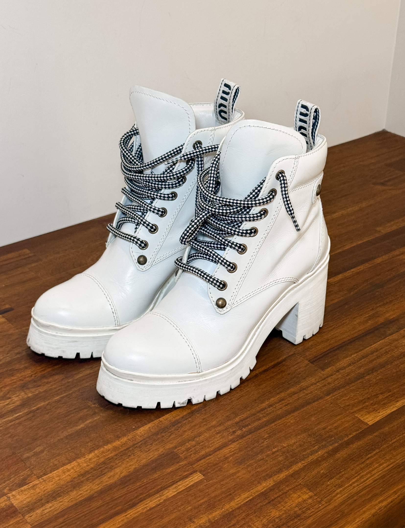 Miu Miu Leather Combat Boot, White