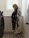 Hooded Lightening Bolt Luxe Robe, Black/Cream