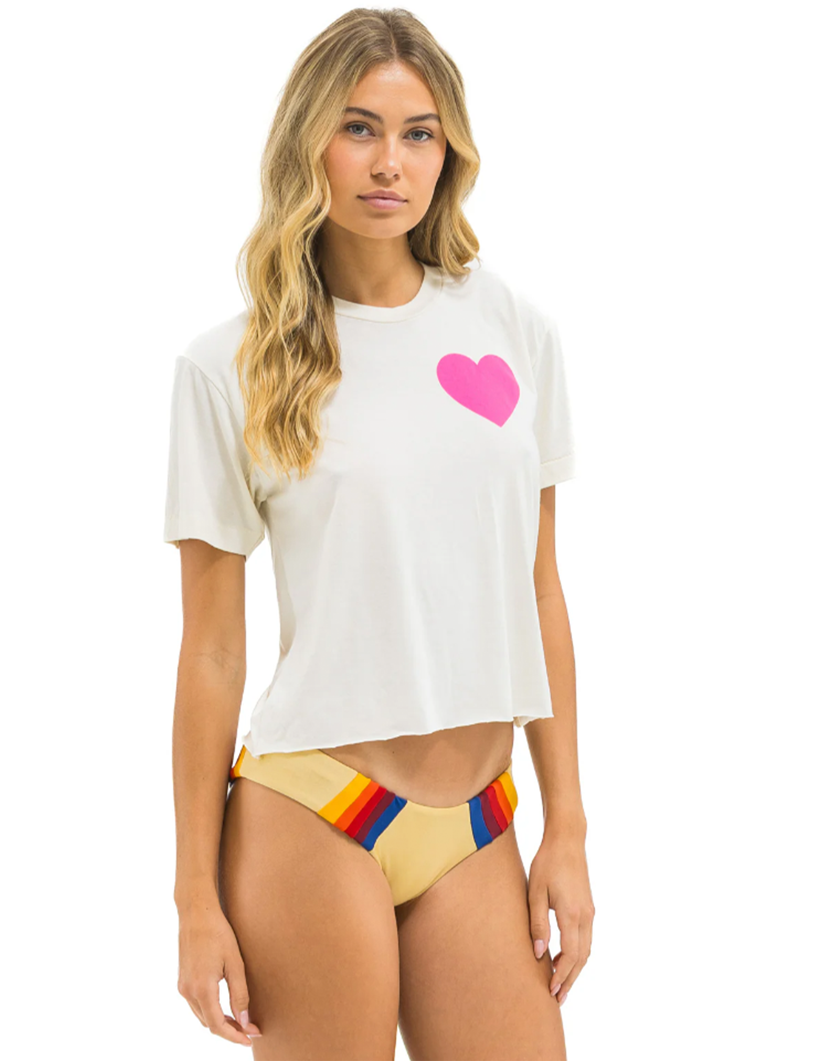 Heart Print Boyfriend Tee, Vintage White/Neon Pink