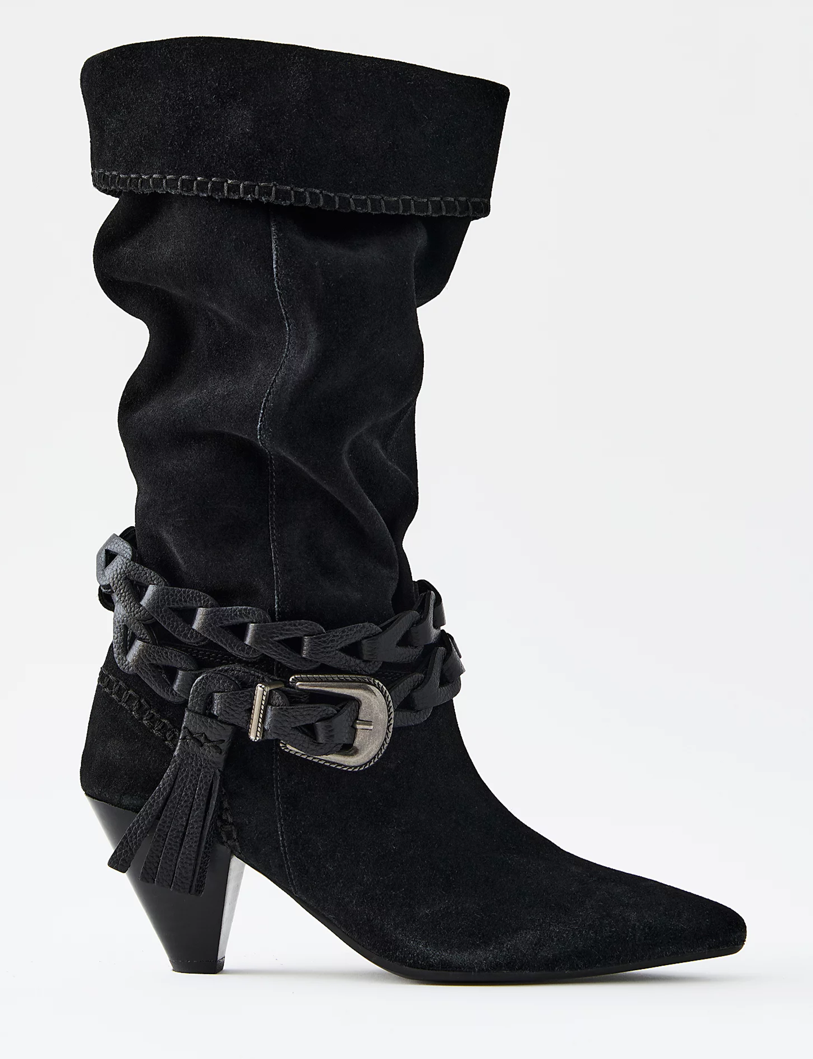Bridget Belt Slouch Boot, Faded Black Suede