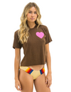 Heart Print Boyfriend Tee, Chocolate/Neon Pink