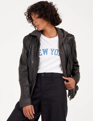 Yoa Hooded Leather Jacket, Black