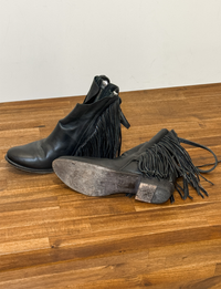 Leather Fringe Ankle Booties, Black
