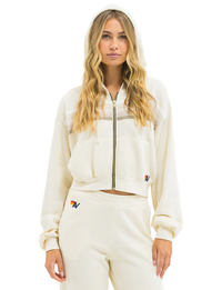 5 Stripe Cropped Relaxed Zip Hoodie, Vintage White/White Grey