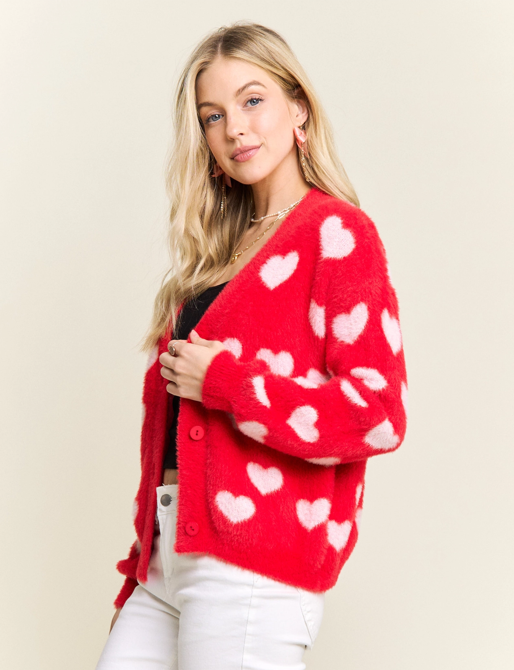 Lovely Heart Cardigan, Red/Ivory