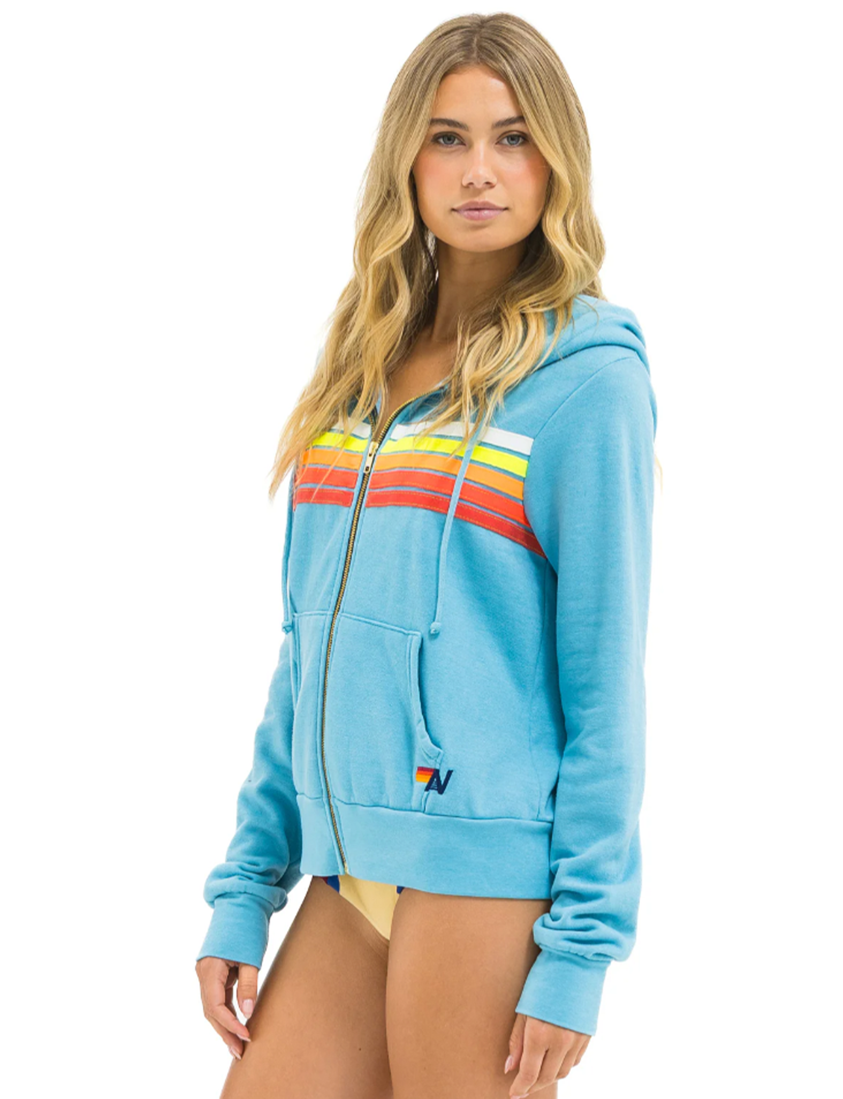 5 Stripe Zip Hoodie, Aquamarine/White Neon