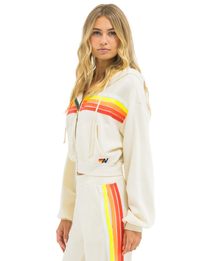 5 Stripe Cropped Relaxed Zip Hoodie, Vintage White/White Neon