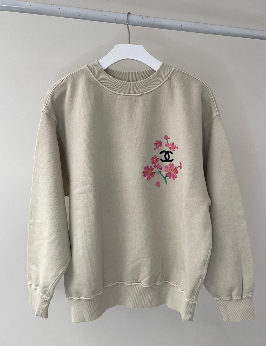 CC Floral Embroidery Fleece Crew Sweatshirt, Chalk