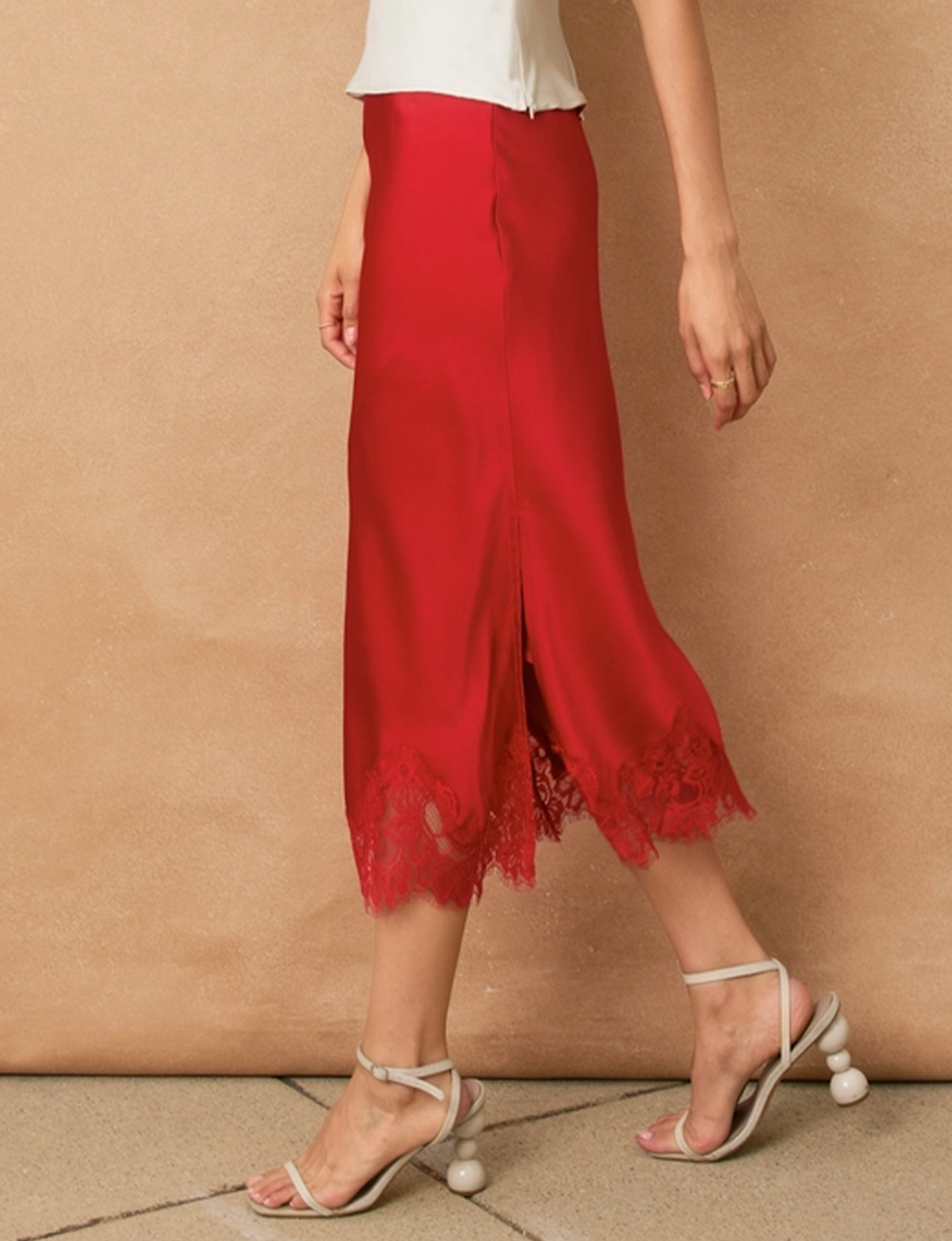 Satin Pencil Skirt, Red Rouge