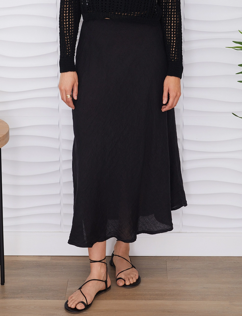 Enya Linen Midi Skirt, Black