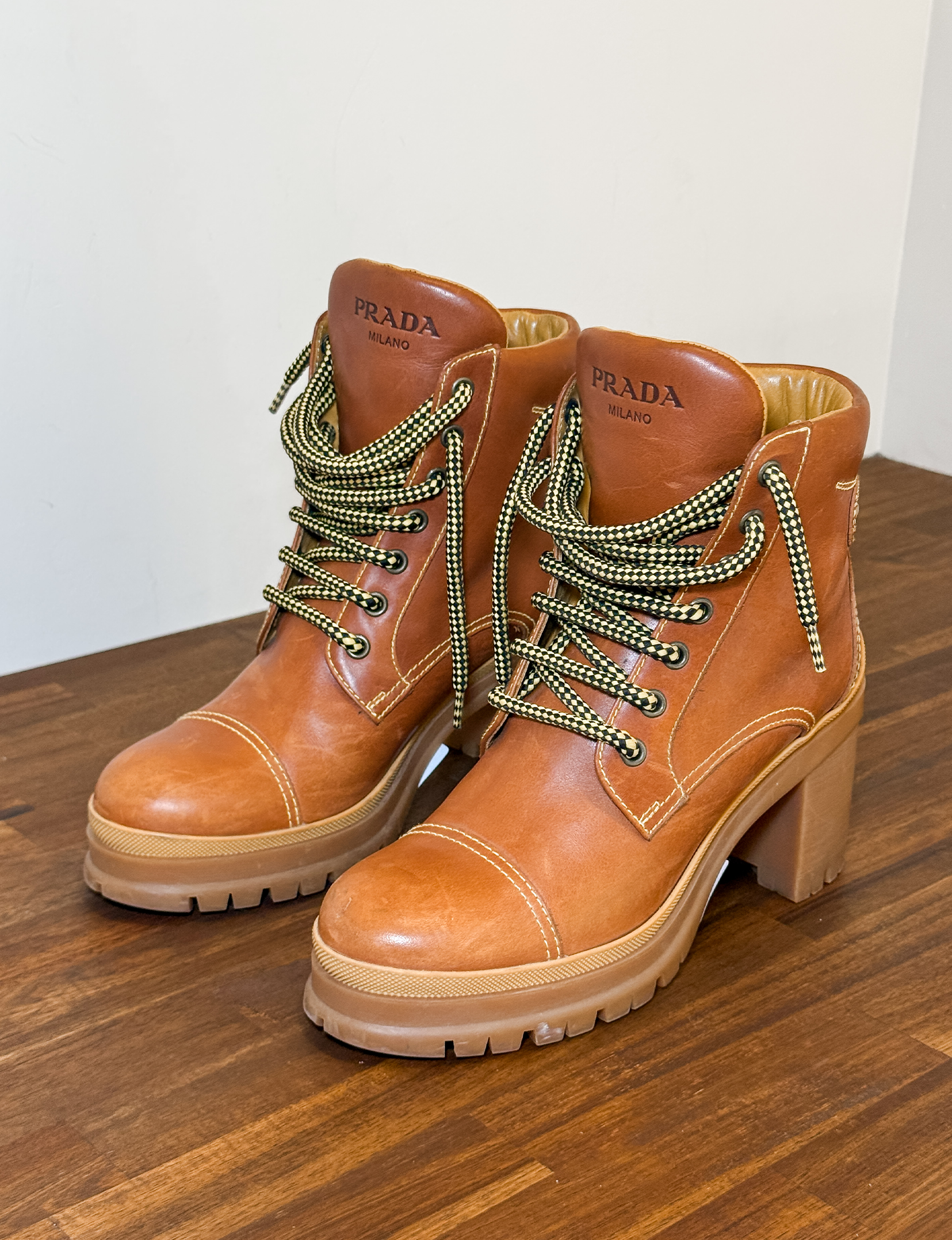 Prada Leather Lace Up Bootie, Brown