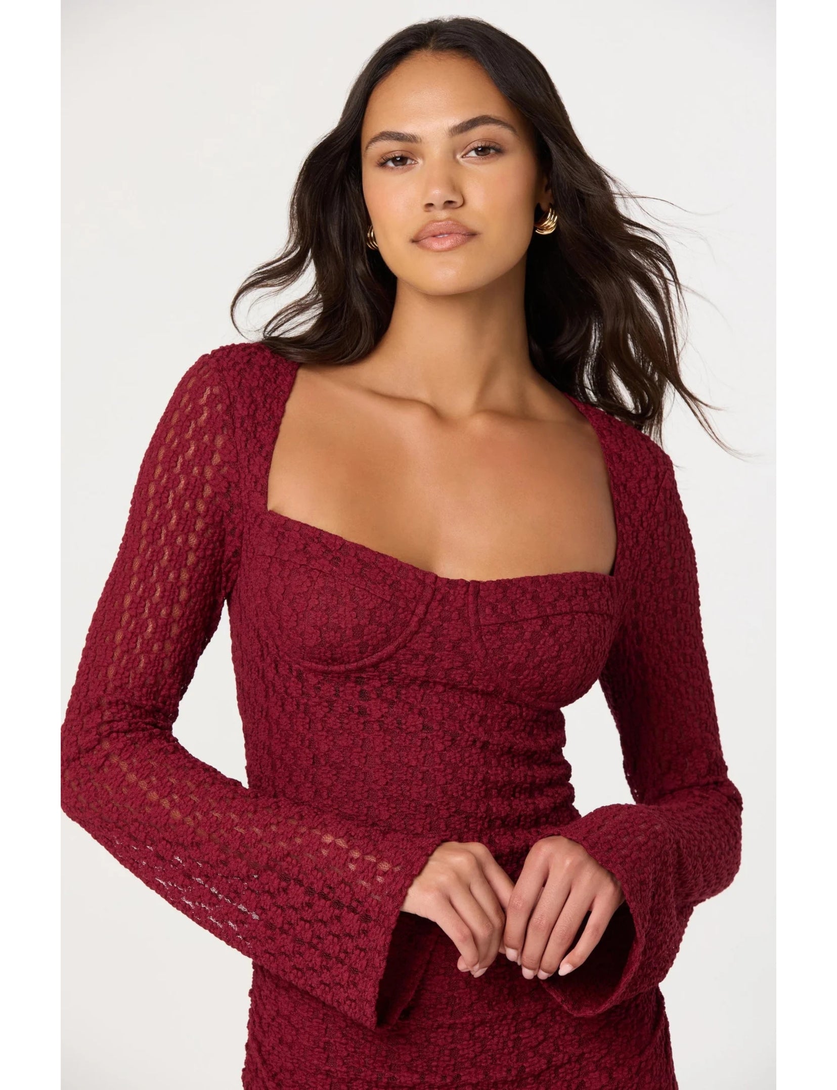 Tamia Lace Bustier Midi Dress, Wine
