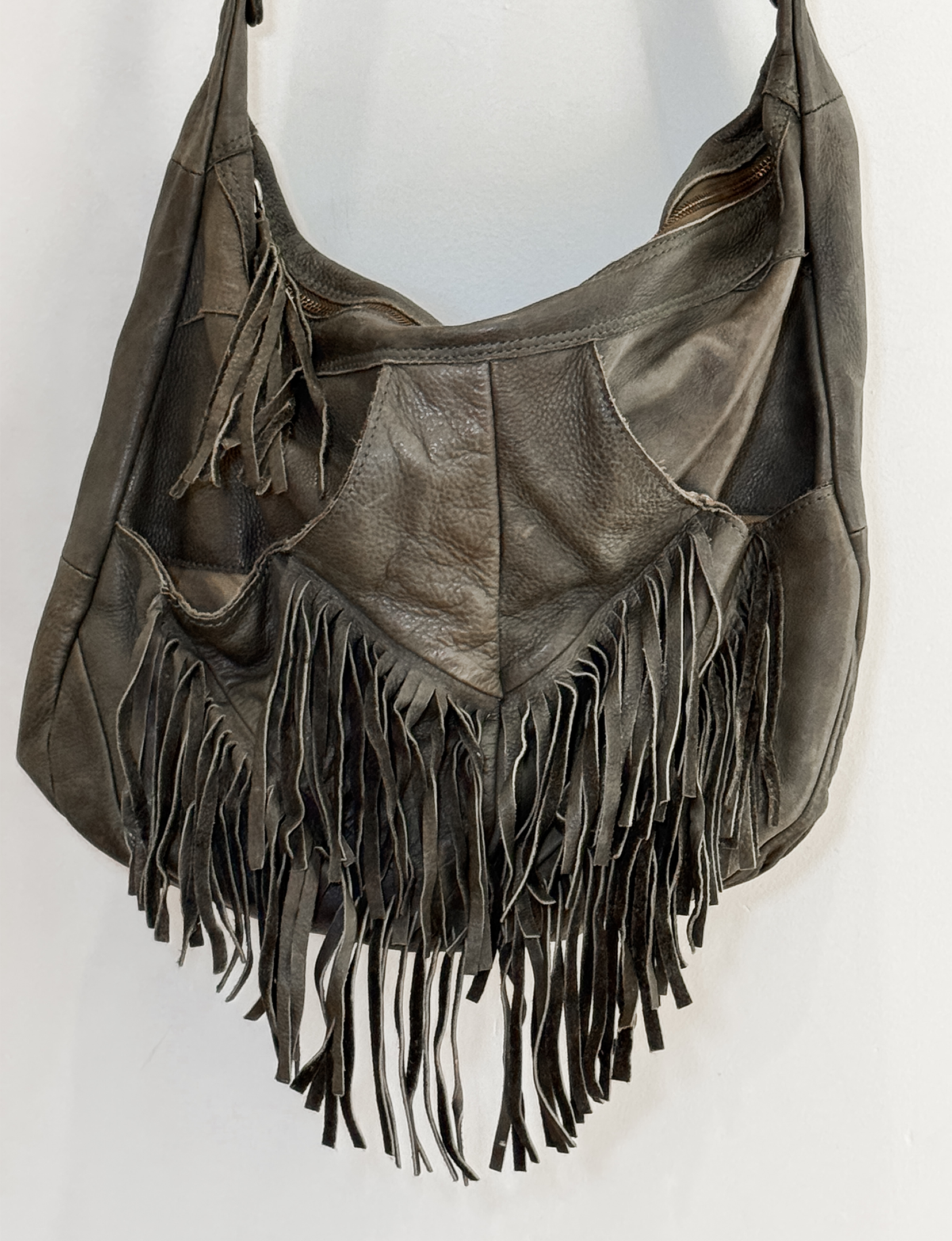 Leather Fringe Hobo Bag, Olive