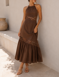 Cutwork Halter Maxi Dress, Mocha