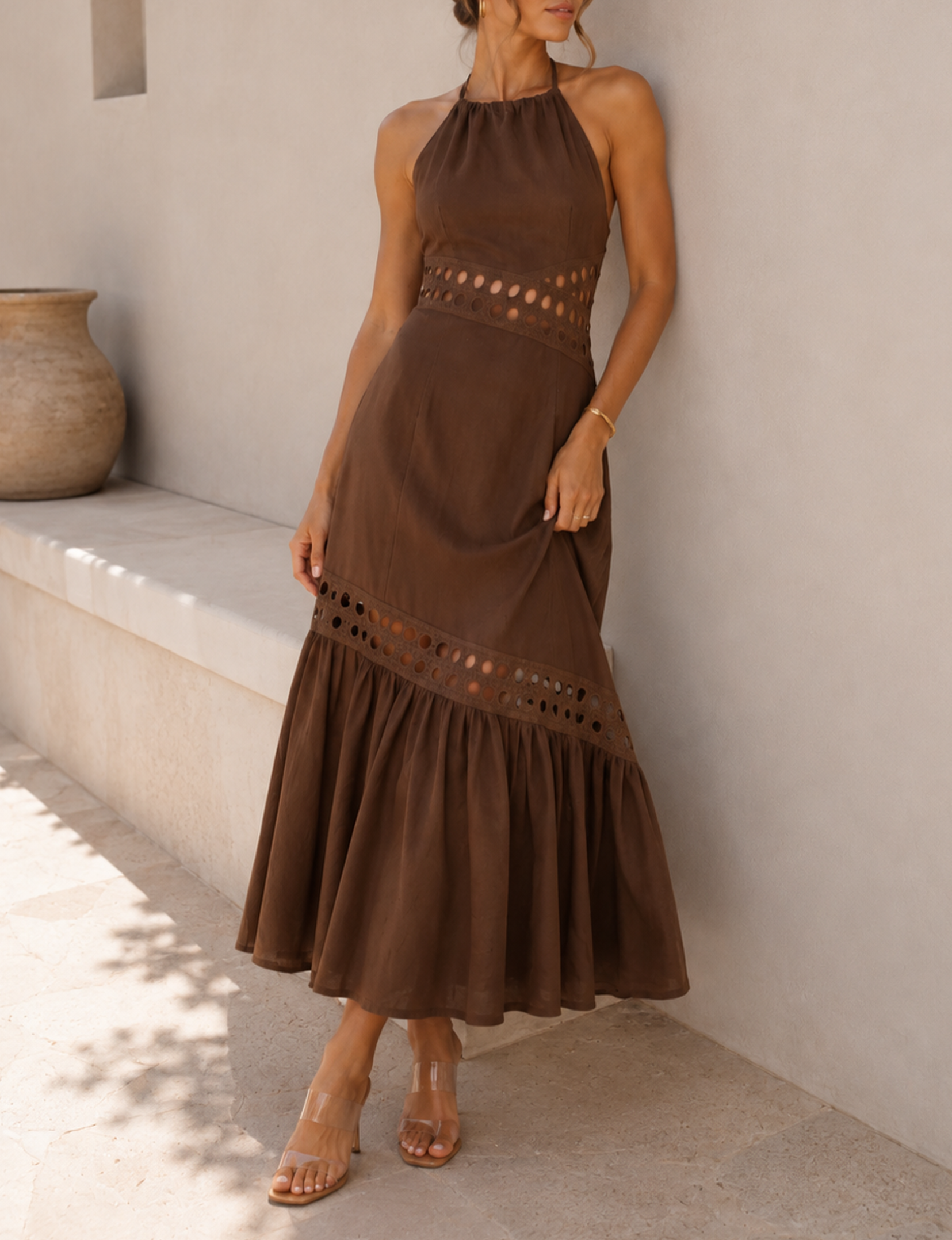 Cutwork Halter Maxi Dress, Mocha