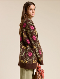 Retro Fuzzy Cardigan, Brown/Floral