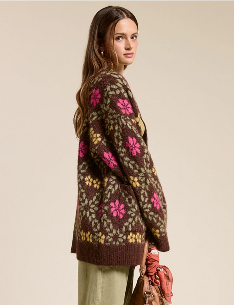 Retro Fuzzy Cardigan, Brown/Floral