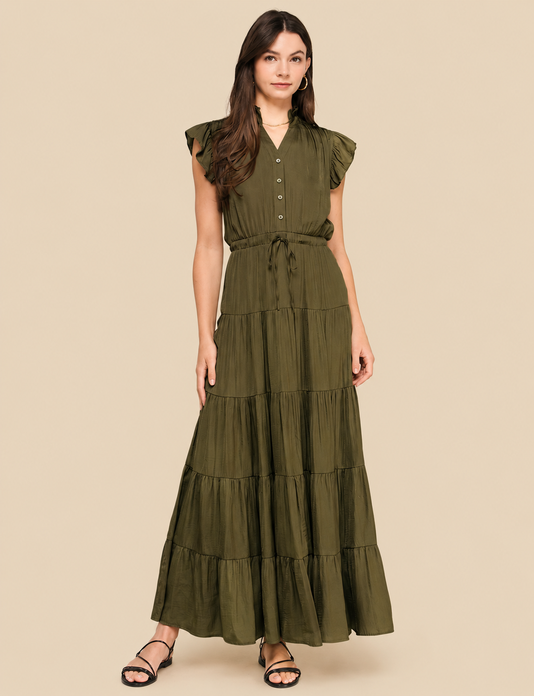 Satin Tiered Maxi Dress, Mocha