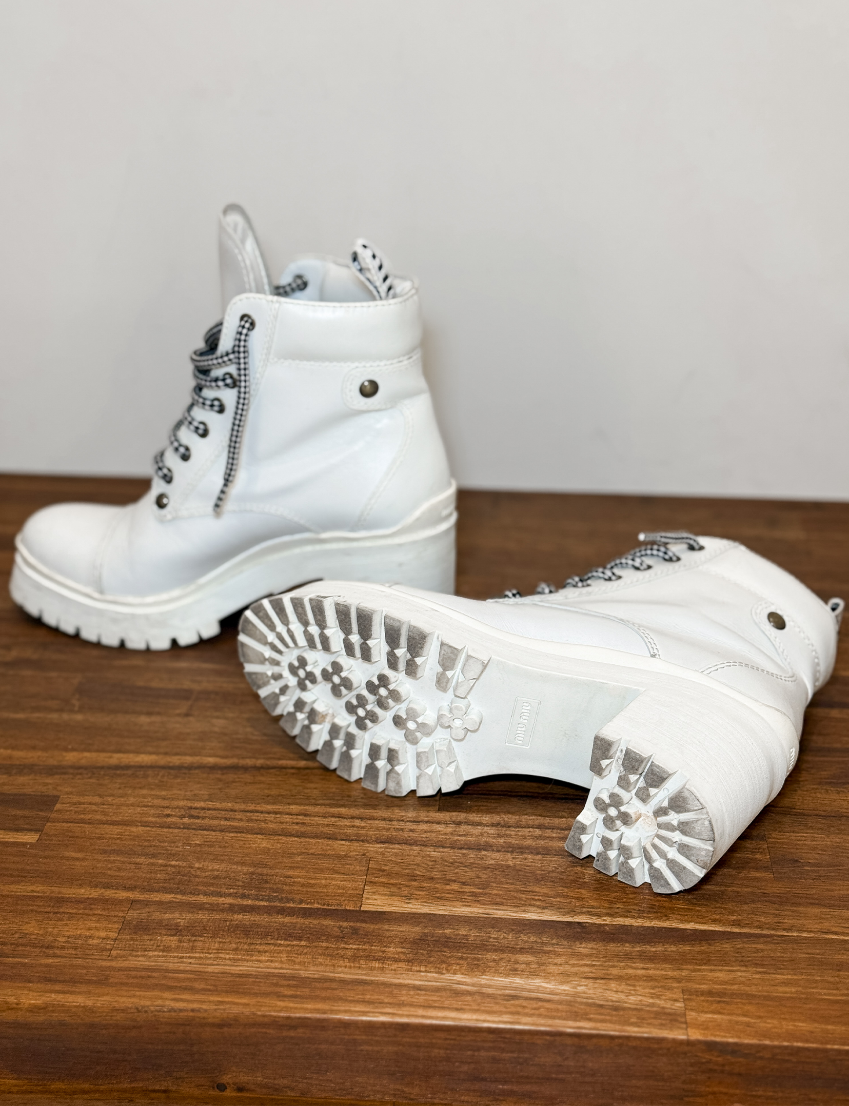 Miu Miu Leather Combat Boot, White