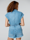 Short Sleeve Distressed Denim Romper, Sit Tight