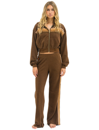 5 Stripe Cropped Relaxed Zip Hoodie, Chocolate/Espresso