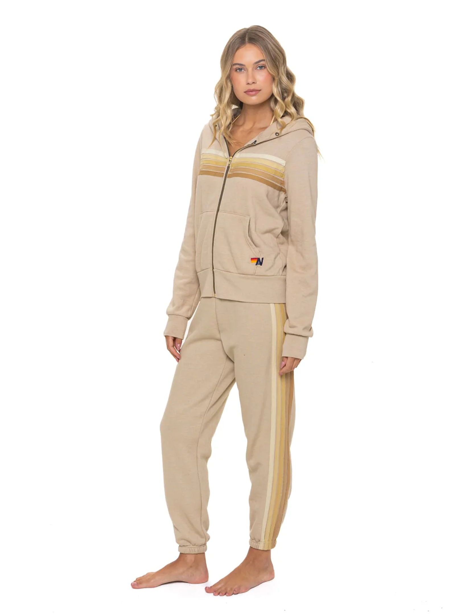5 Stripe Zip Hoodie, Sand/Tan